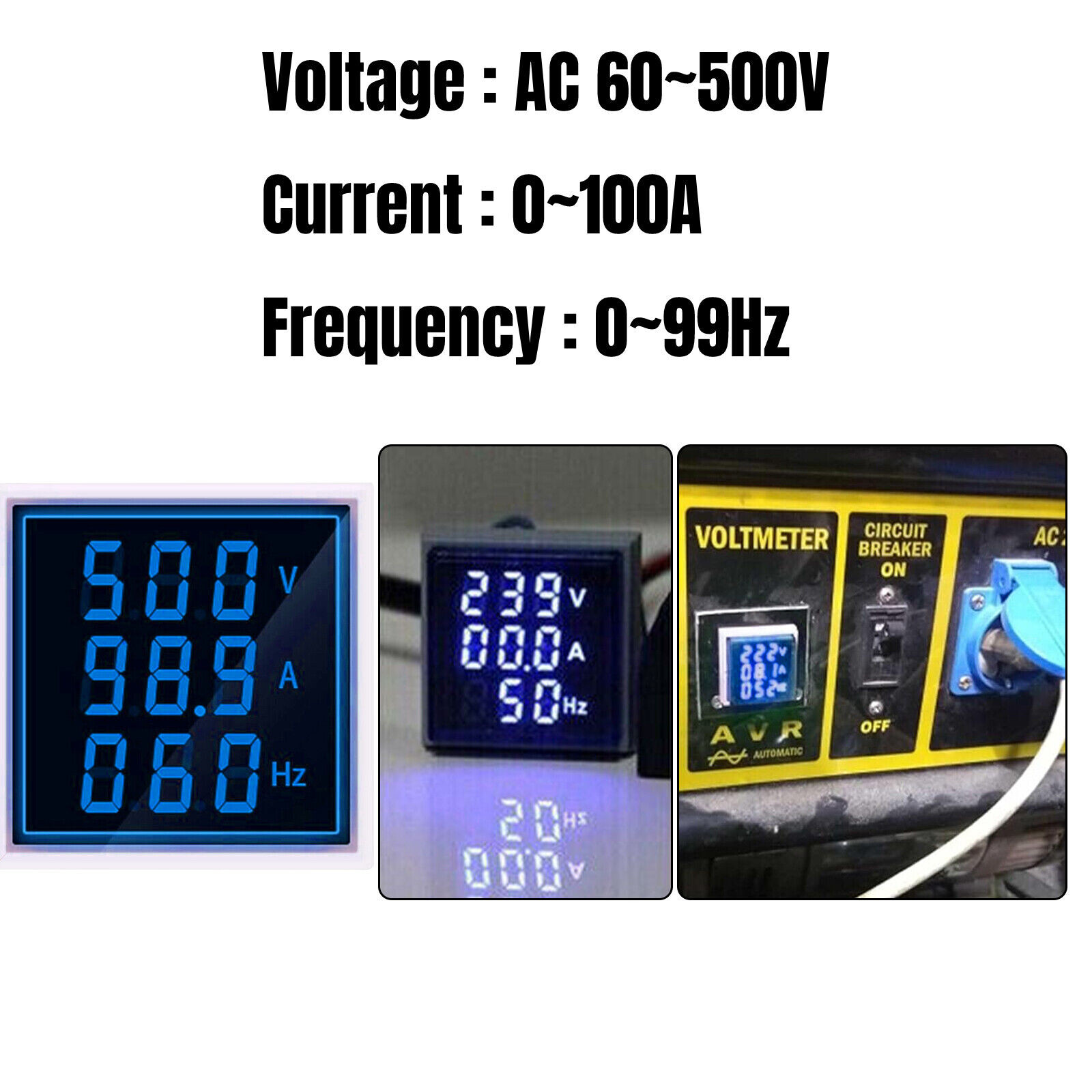 2PC 3-in-1 22mm Digital LED Indicator AC 60-500V 0-100A Volt Amp Frequency Meter