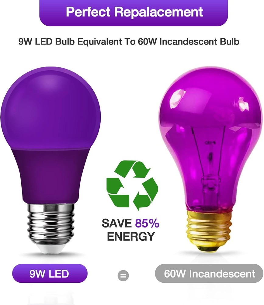 2Pack A19 LED Black Light Bulb 9W 60W Equivalent E26 Base Colored Black Lights