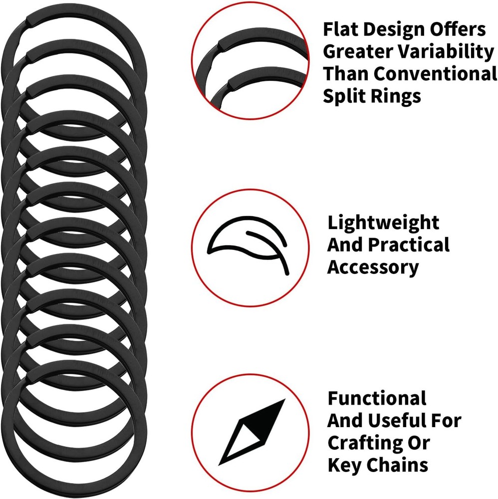 40 Pack Black Key Ring Keychain Assorted in 4 Sizes Metal Round Split Key Chains