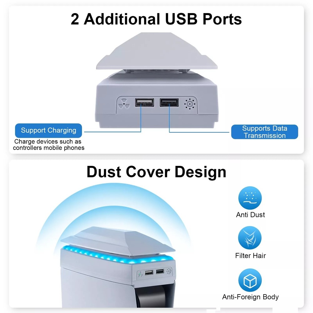 Adjustable Cooling Fan for PS5 Slim Disc/Digital Dustproof w/8 Modes Light
