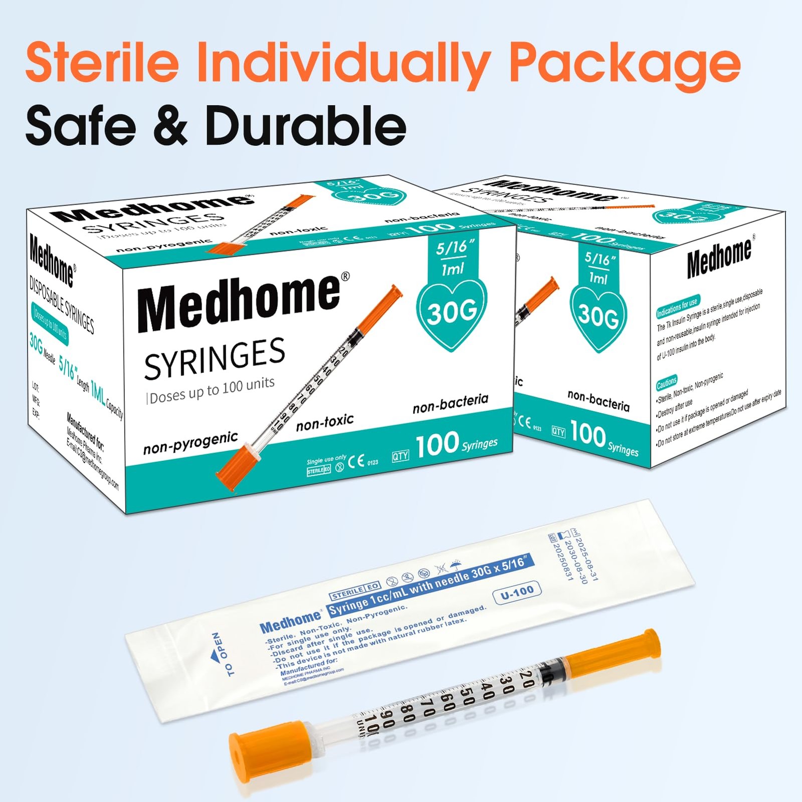 1ml 30G 5/16" (8mm) Syringe, Lab Syringes Individually Wrapped, Pack of 100