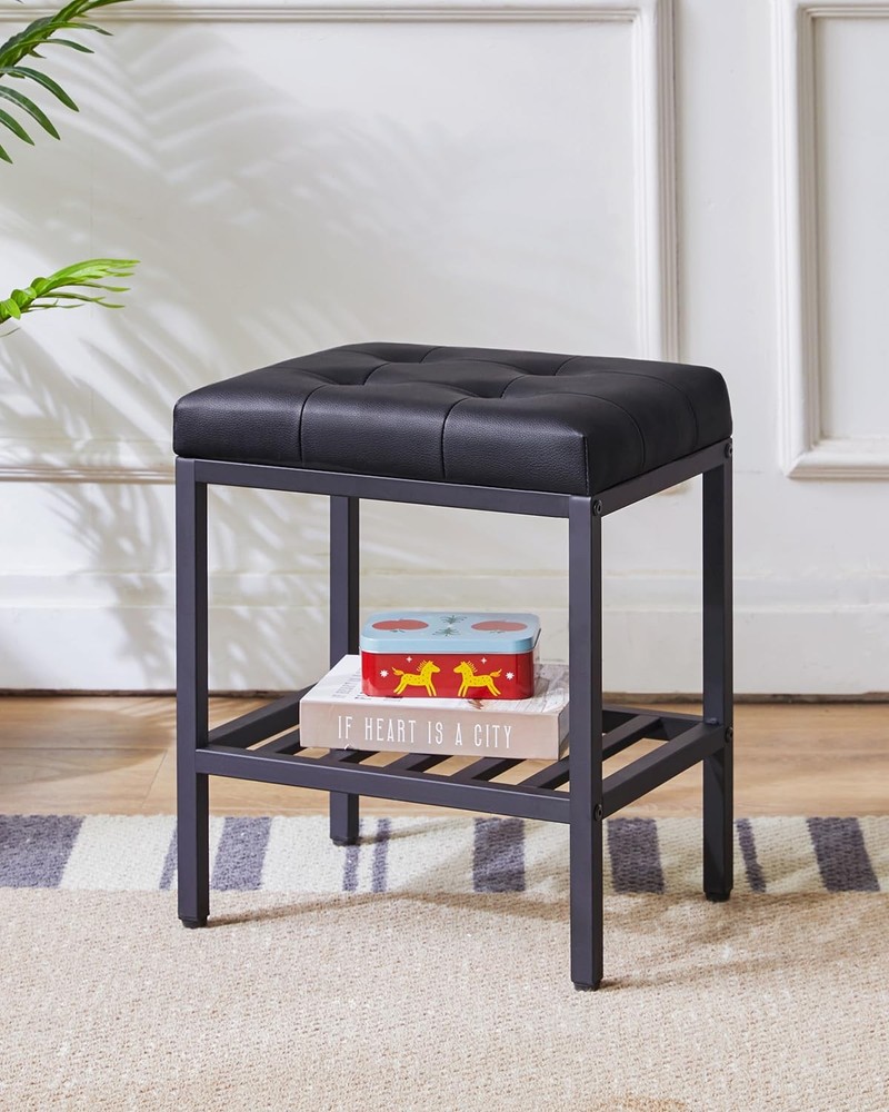 Rectangular Makeup Stool Adjustable Feet Storage Space PU Vanity Seat Black