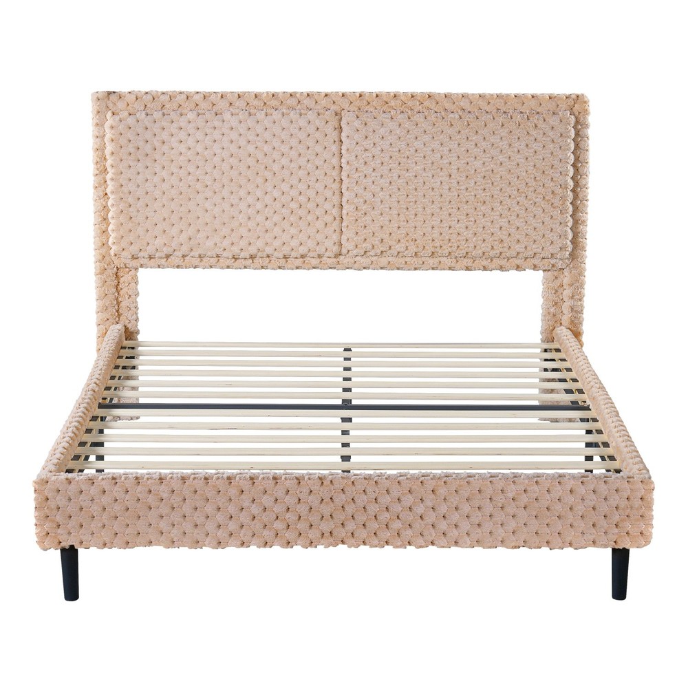 Queen/King Size Modern Upholstered Platform Bed Frame w/ Camel Plush Headboard