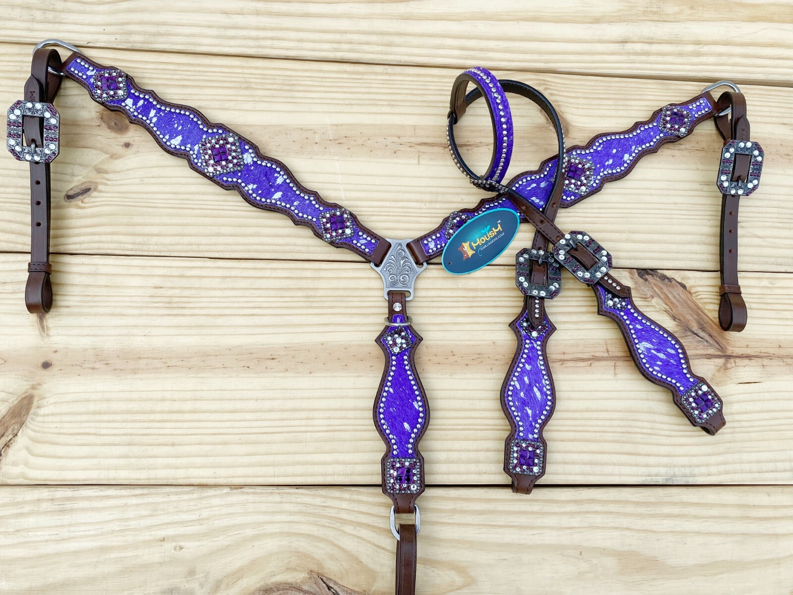 MOUSM Western Leather Headstall and Breast Collar Tack Set for Horses - Purple