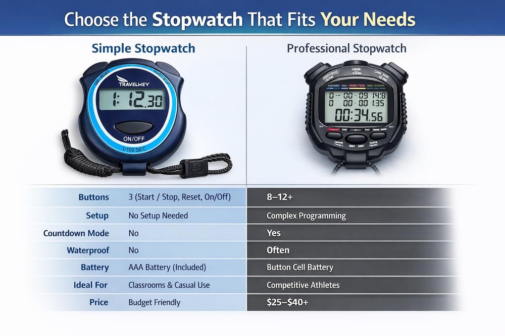 Digital Stopwatch for Teachers, Students & Coaches – Simple 3 Button, Black