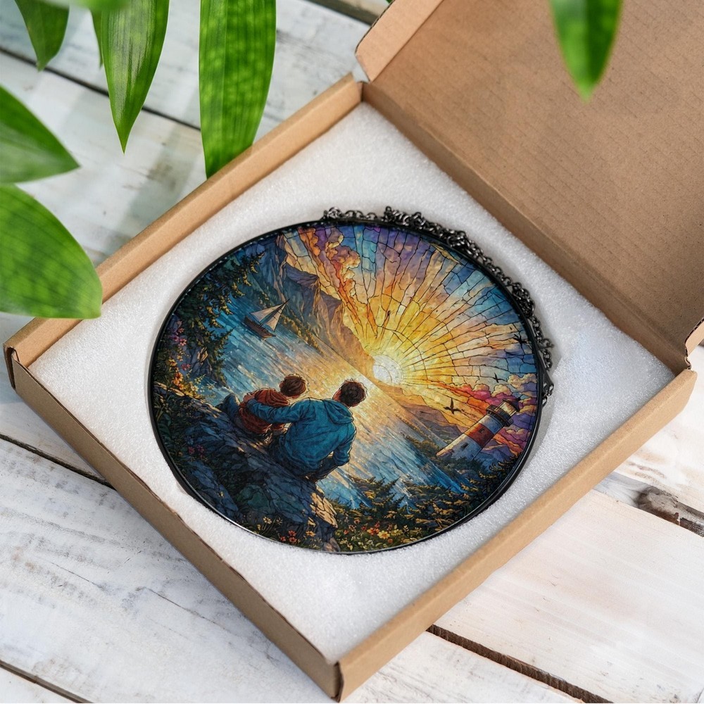 Father Son Lighthouse Suncatcher, Sunset Window Decor Gift
