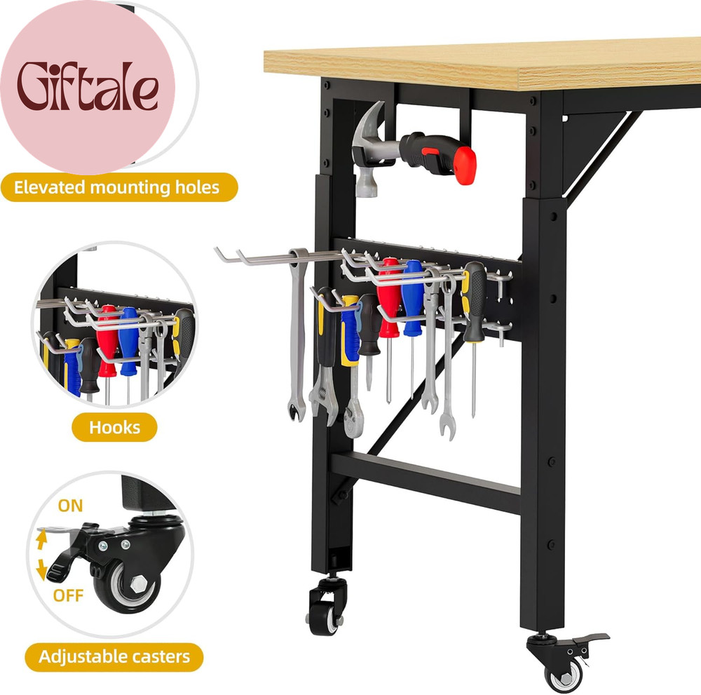 60" Adjustable Workbench on Wheels, Garage Tool Work Bench with Outlets & Wheels