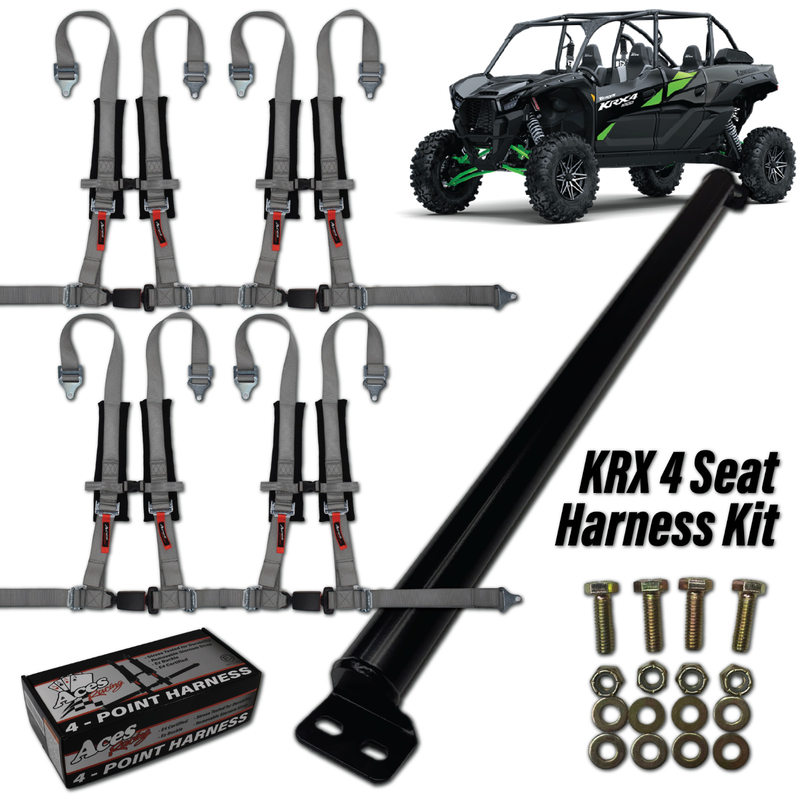 (Silver)  4x 4-Point Harnesses w/ Harness Bar Kit for Kawasaki KRX 1000 4 Seat
