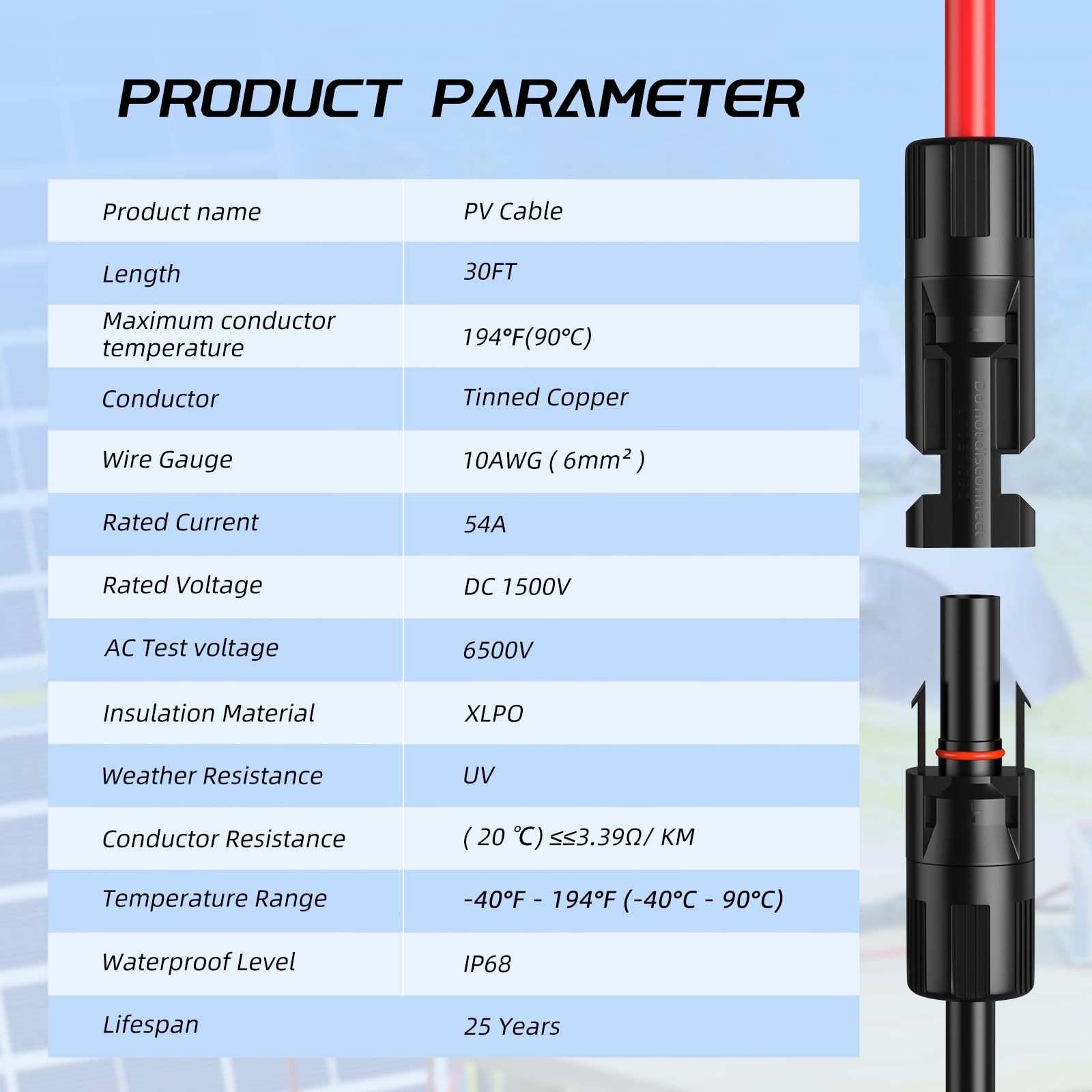 30FT 10AWG Solar Panel Extension Cable, Bateria 30FT, Black and Red