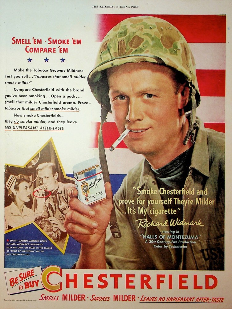 Original Chesterfield Cigarettes Ad: Richard Widmark; Sell 'em Smoke 'em