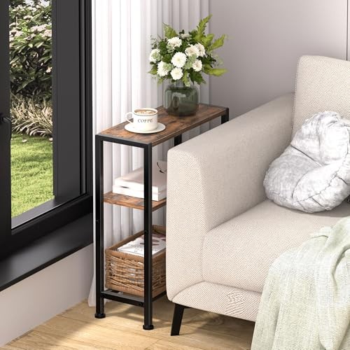 Narrow Side Table for Small Space, 2-Tier Small End Table 1 Rustic Brown-3tier