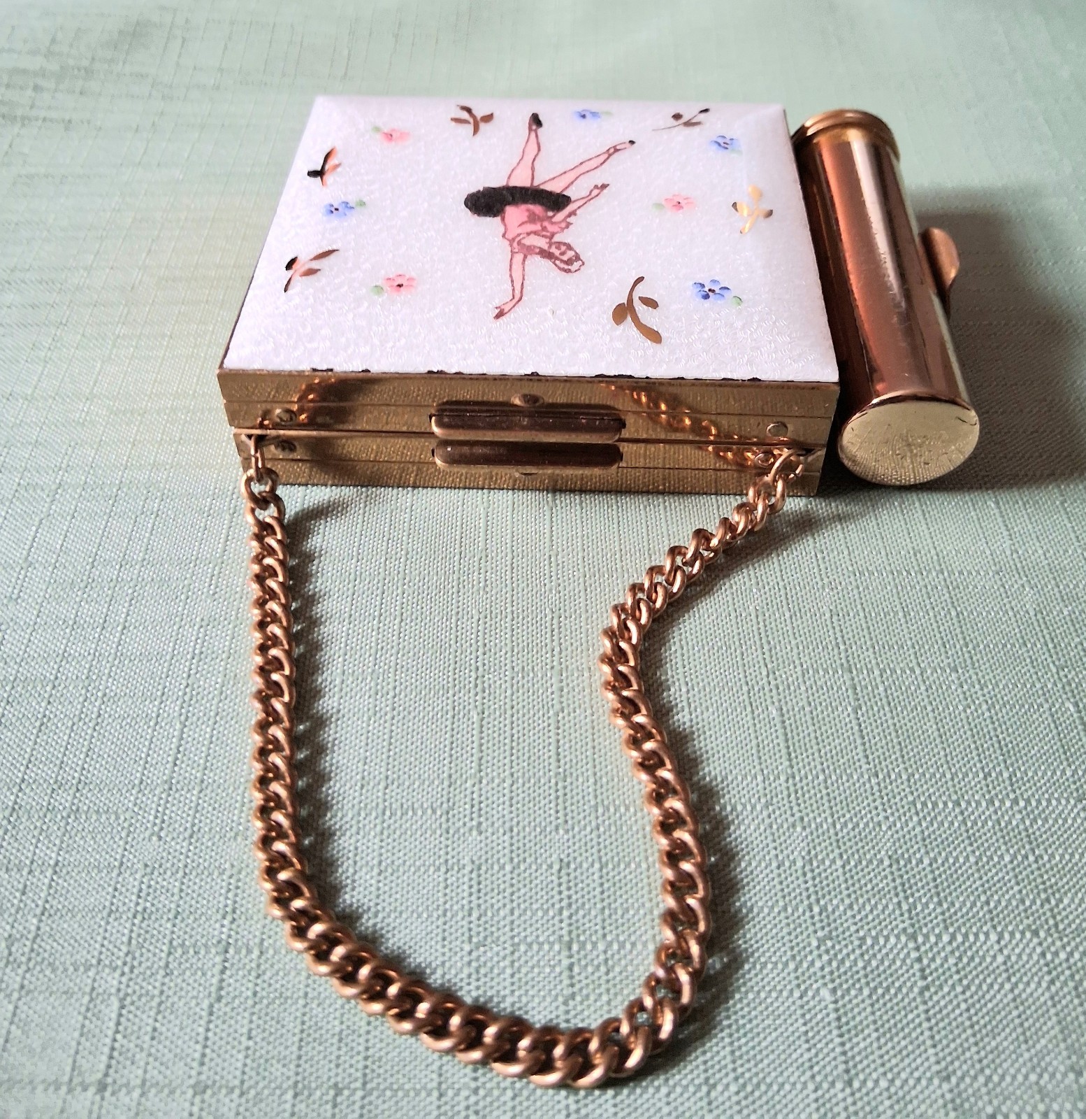 Vintage Guilloche Ballerina Double Lipstick Cigarette Make Up Compact Purse