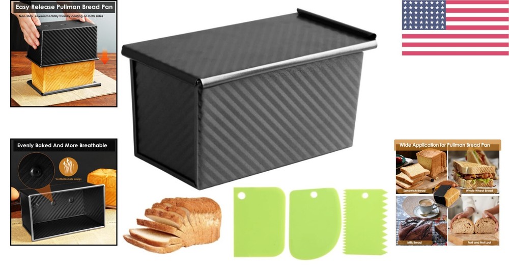 Premium Black Pullman Bread Pan with Lid & Dough Scraper – Ideal for Baking