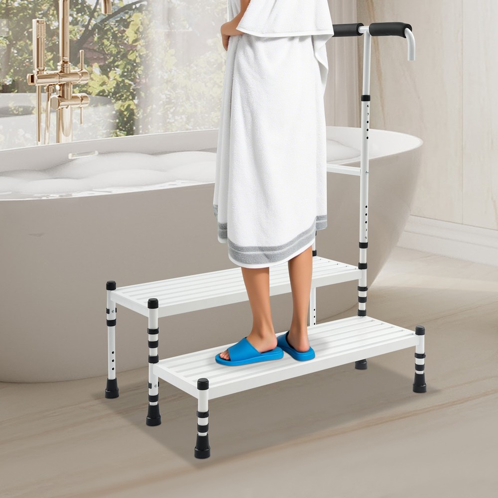 2-Step Stool with Handle, Floor Standing Metal Stepping Stool, White Step Stool