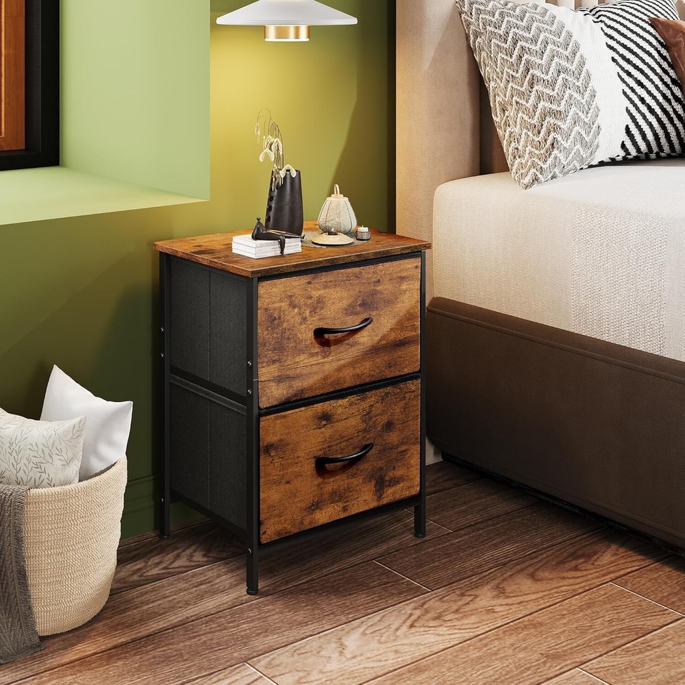 Rustic 2 Drawer Nightstand with Fabric Bins - Multi-Purpose Room Organizer