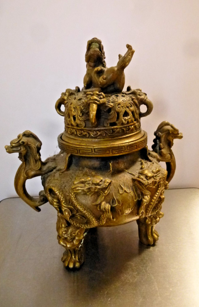 Vintage Bronze Foo Dog Dragon Burner