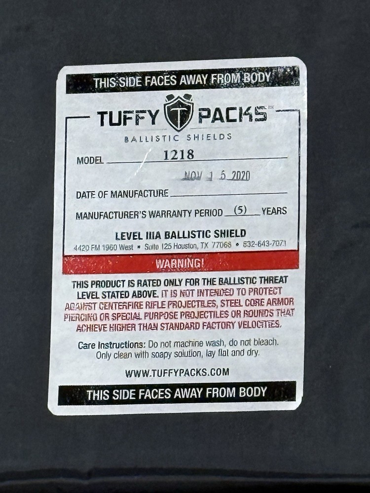 TuffyPacks Level IIIA Backpack Insert w/ Tactical 3‑Day Pack – Model 1218