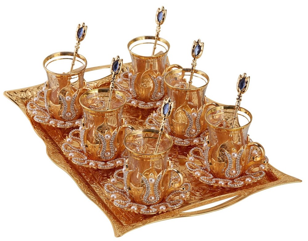 Engraved Turkish Tea and Coffee Serving Tray - Decorative Gold Rectangular Tr...