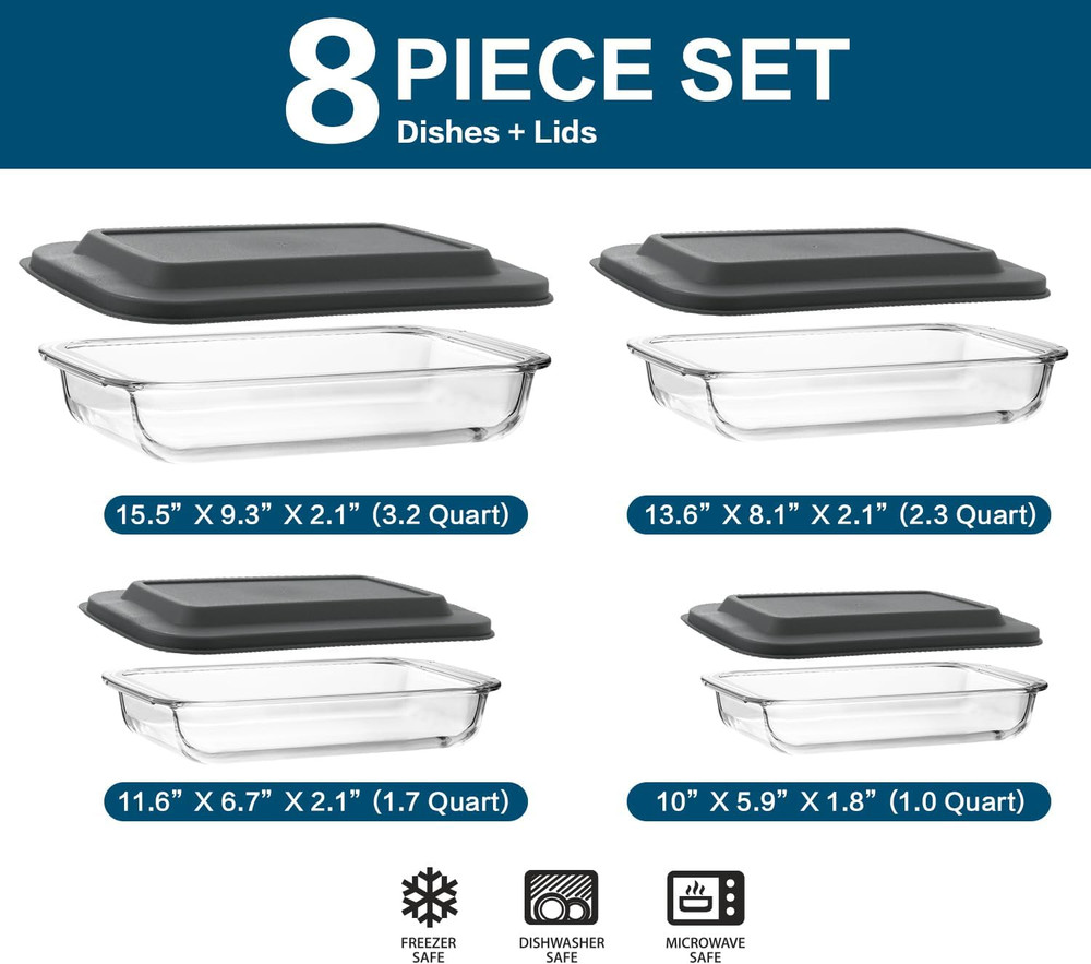 8-Piece Deep Glass Baking Dish Set with Plastic Lids,Rectangular Glass Bakeware
