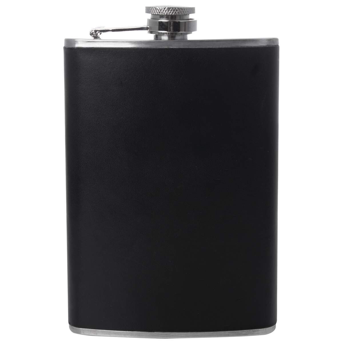8oz Flask Black Vegan Leather Wrap Stainless Steel Attached Screw Cap Hip Pocket