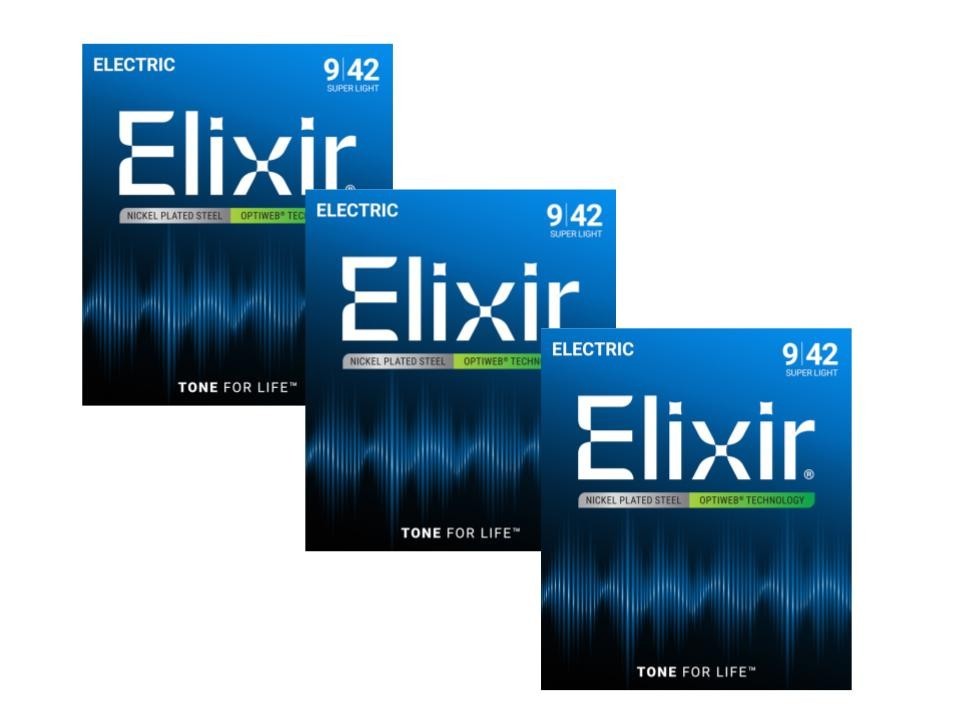 *3 SETS ELIXIR 19002 OPTIWEB COATED ELECTRIC GUITAR STRINGS SUPER LIGHT - 9-42*