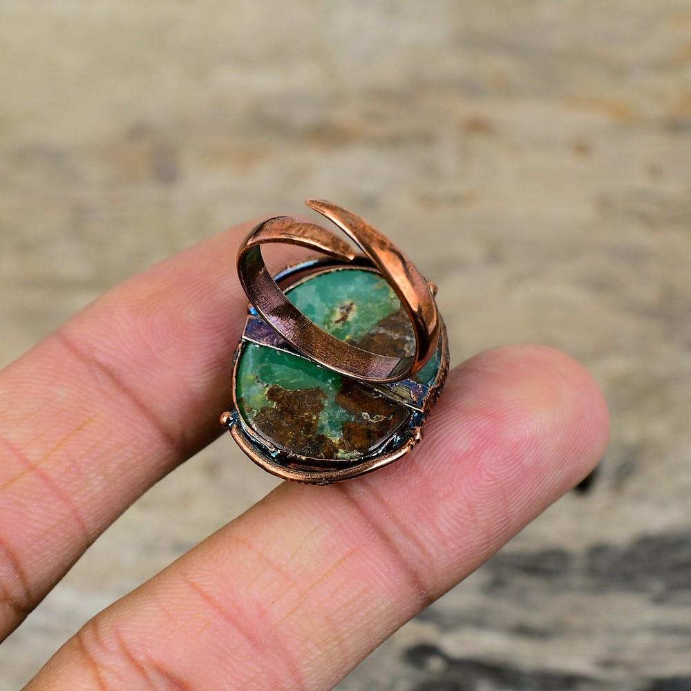 Gift Electroformed Solitaire Adjustable Ring Size Adjustable Copper Chrysoprase