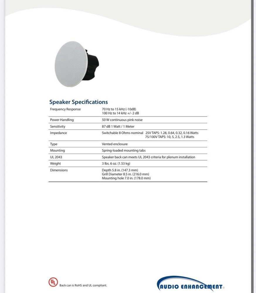Audio Enhancement CS-70V Flush Mount 70v Ceiling Speaker