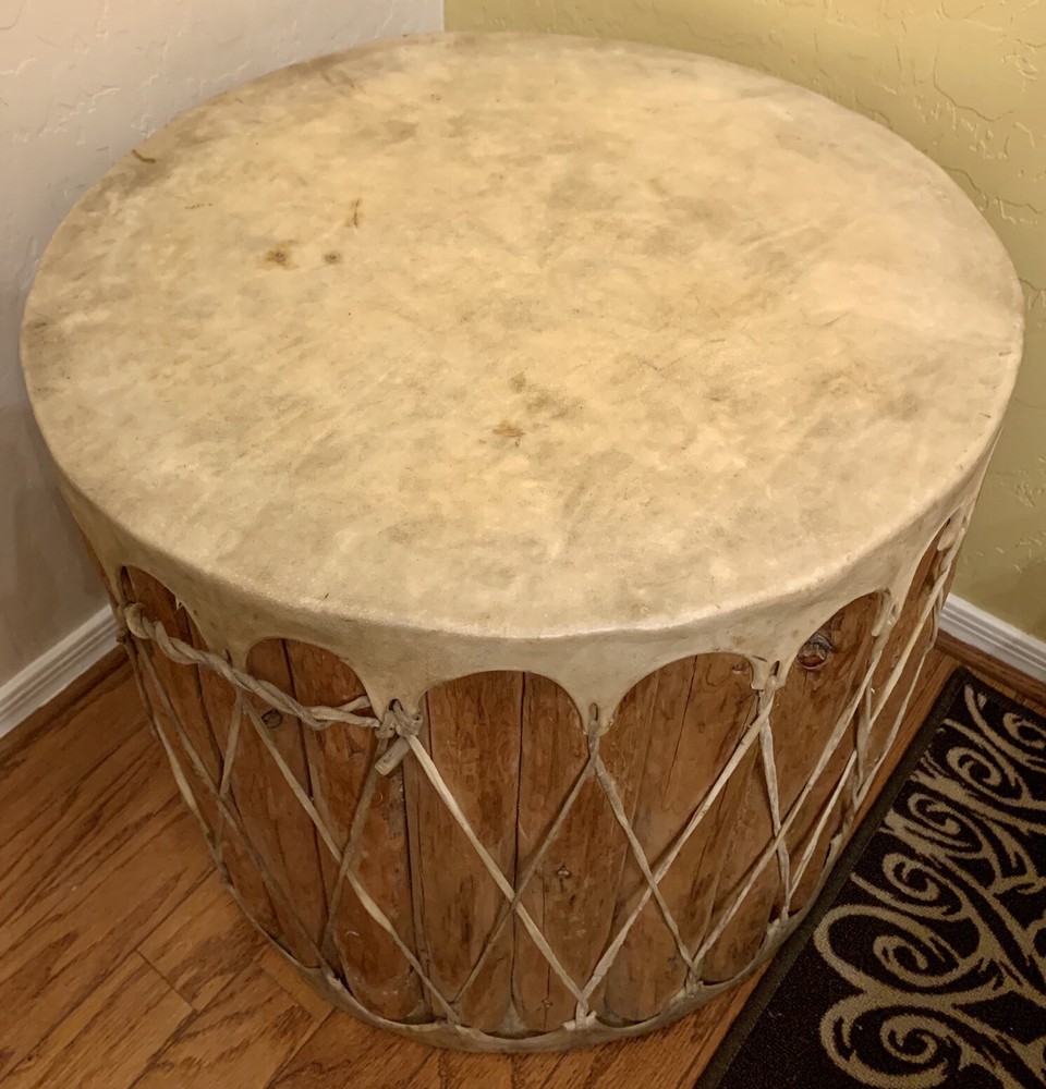 COLLECTIBLE LARGE RAWHIDE DRUM - DIAMETER 23” HEIGHT 20”