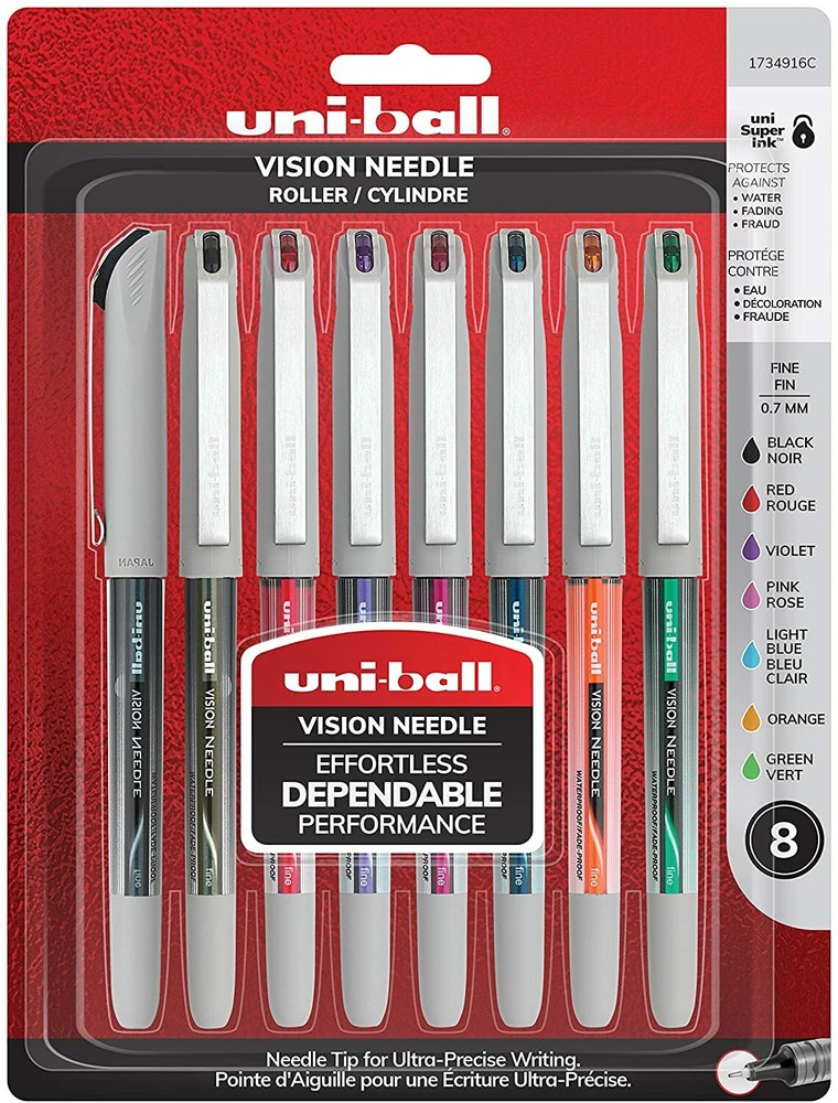 uni-ball Vision Needle Rollerball Pens, Fine Point (0.7mm), Assorted Colors