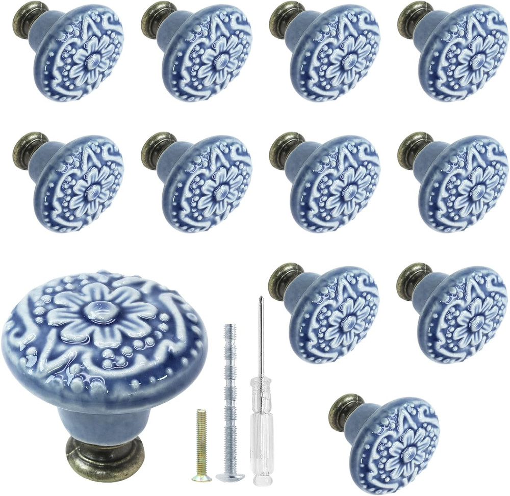 12 Pcs Light Blue Vintage Round Ceramic Cabinet Knobs and Pulls for Drawer, Cupb