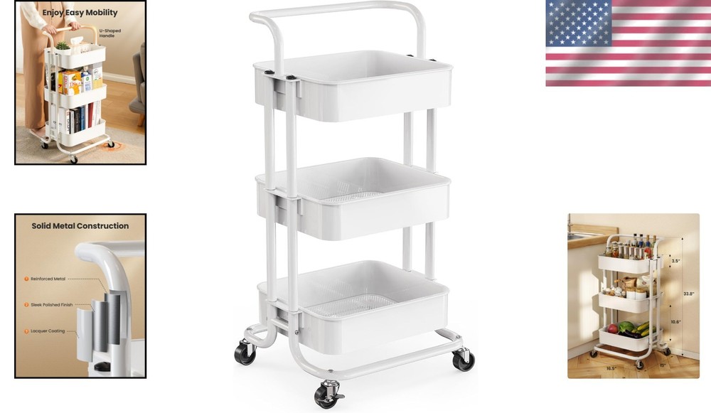 Adjustable 3 Tier Utility Cart with Handle, Lockable Wheels