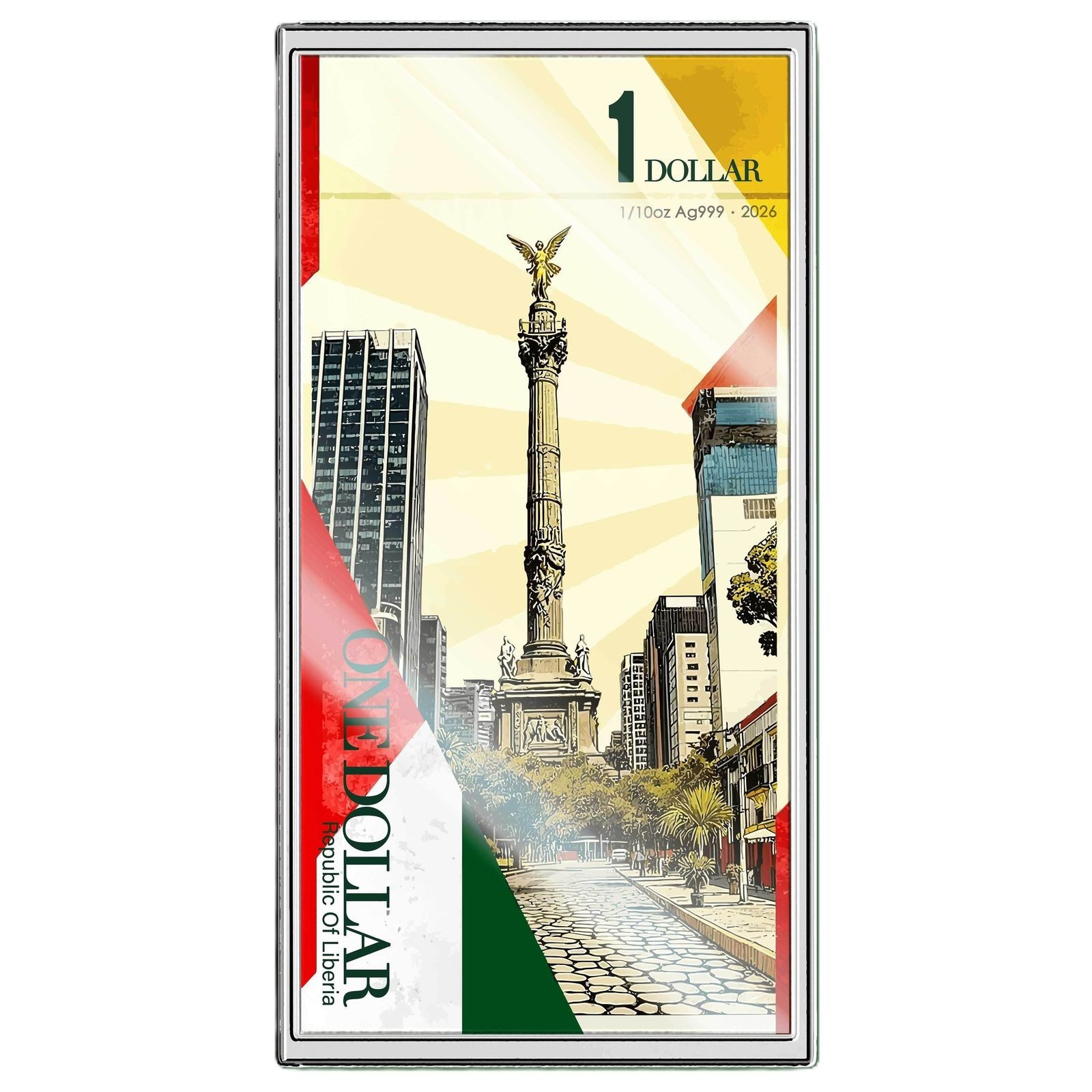 1/10 Oz Silver Note .999 1$ Liberia 2026 The Angel Of Independence In Case & box