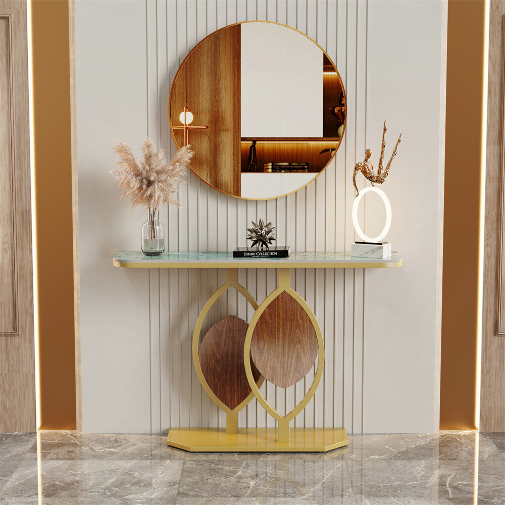 Modern Console Table Sintered Stone entry Table with Geometric/Leaf Golden Base