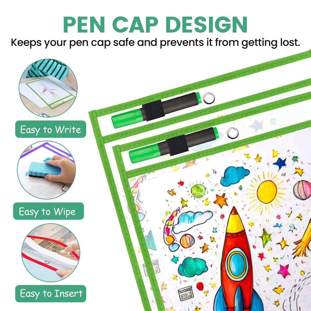 Dry Erase Pockets Reusable Sleeves Includes 1 Binder Ring & 1 Hook for Classroom