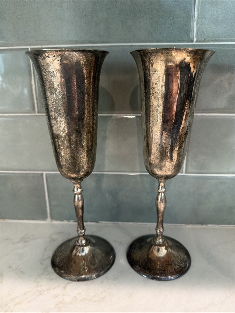 Pair of Vintage 1990s Silver Plated Wedding Flutes Cups Goblets 8.5"H x3"D