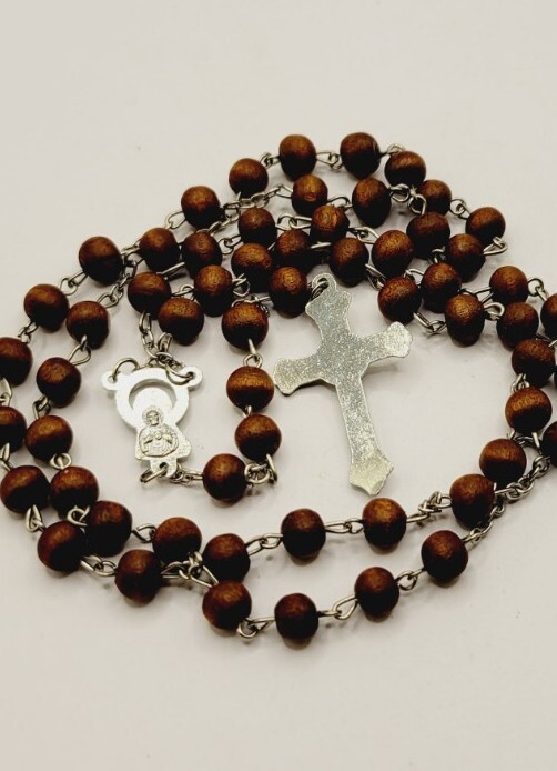 Rosary Dark BROWN beads silver tone CROSS 19 in Vintage † INRI