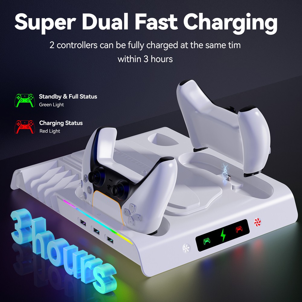 For PS5/PS5 Slim/PS5 Pro Vertical Cooling Fan Stand Controller Charger Station