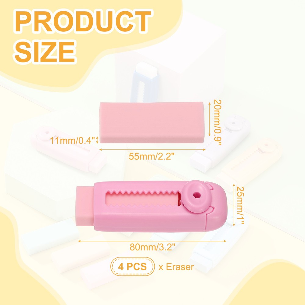 4 Pack Erasers, Pencil Erasers Large Eraser Push Pull Cute Soft, Pink