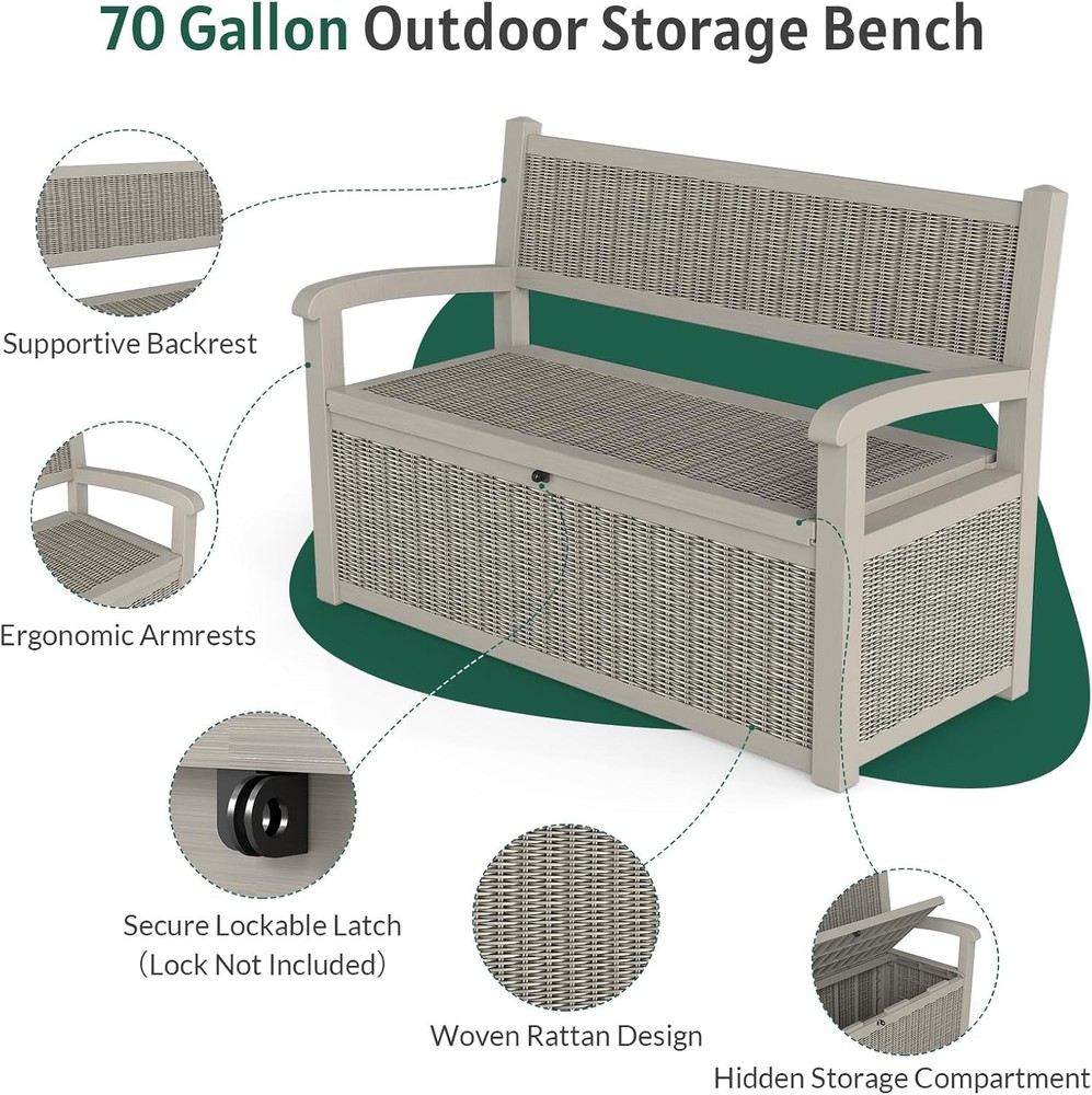 70 Gallon Storage Bench Deck Box,Patio Storage Benches with Armrest Lockable ...
