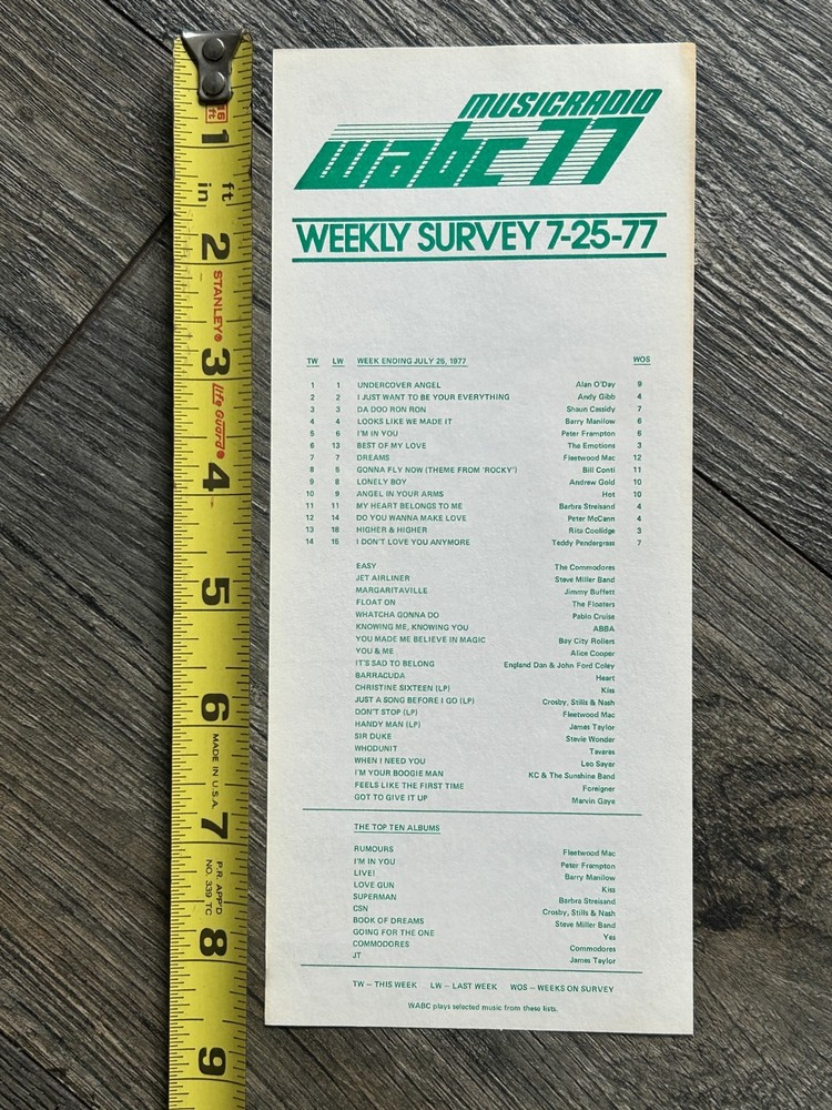 KISS Radio Survey Love Gun Album July 25 1977 Vintage Kiss Aucoin Memorabilia