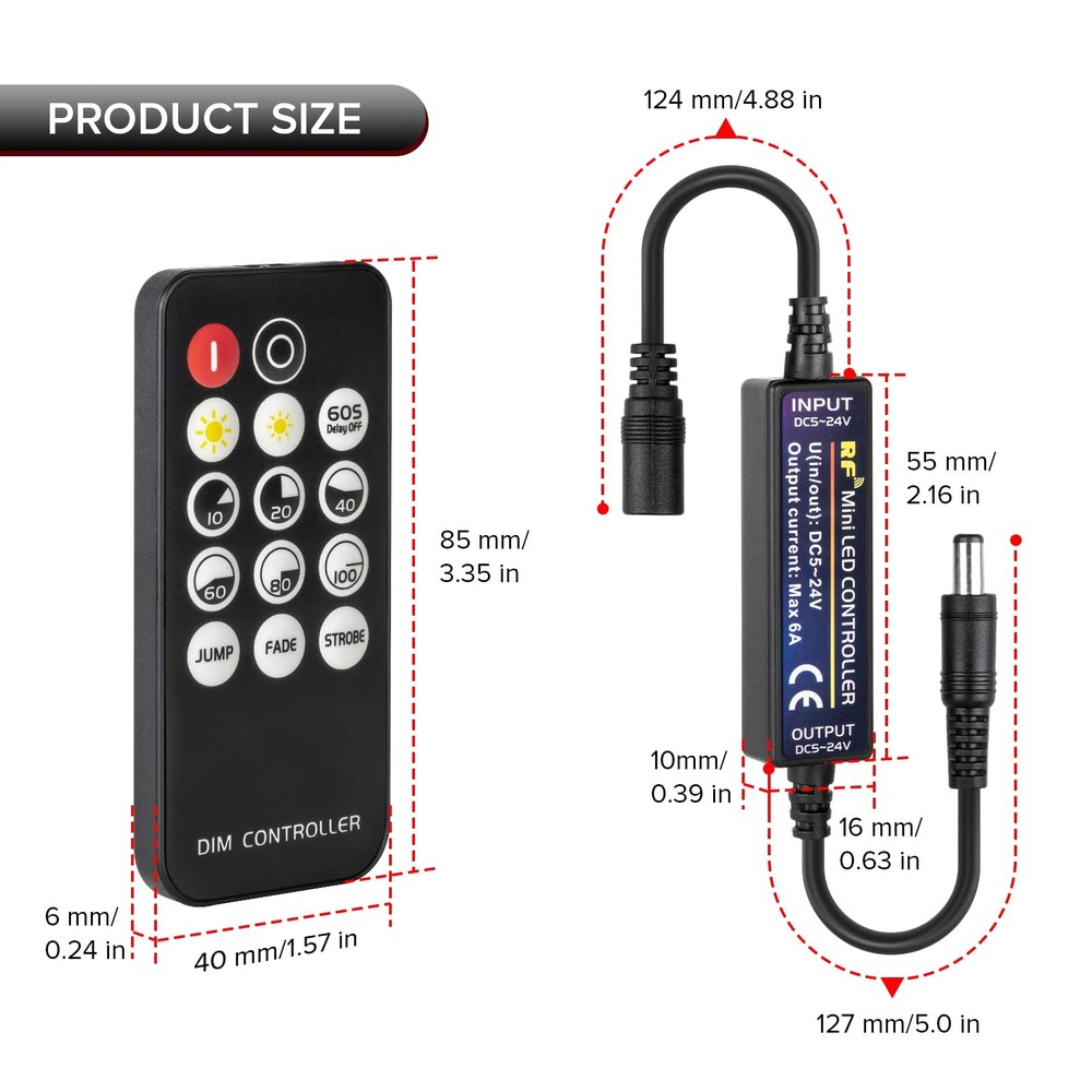 Mini RF Dimmer Controller, 14 Keys, DC5V-24V, Single Color, LED Strips, Switch