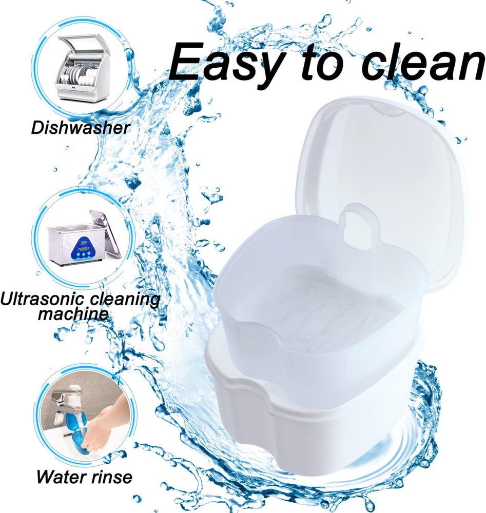 Denture Soaking Box Orthodontic Retainer Bath Case with Strainer Basket, False T