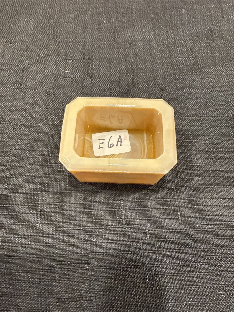 Vintage Rectangular Open Salt Dip Signed E.E. With Beveled Corner Golden Agate