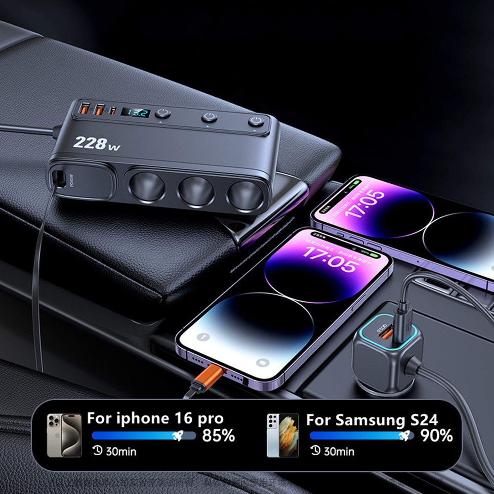 Multi Function Car Charger 9-in-1 with 3 Cigarette Lighter Sockets 6 USB 228W