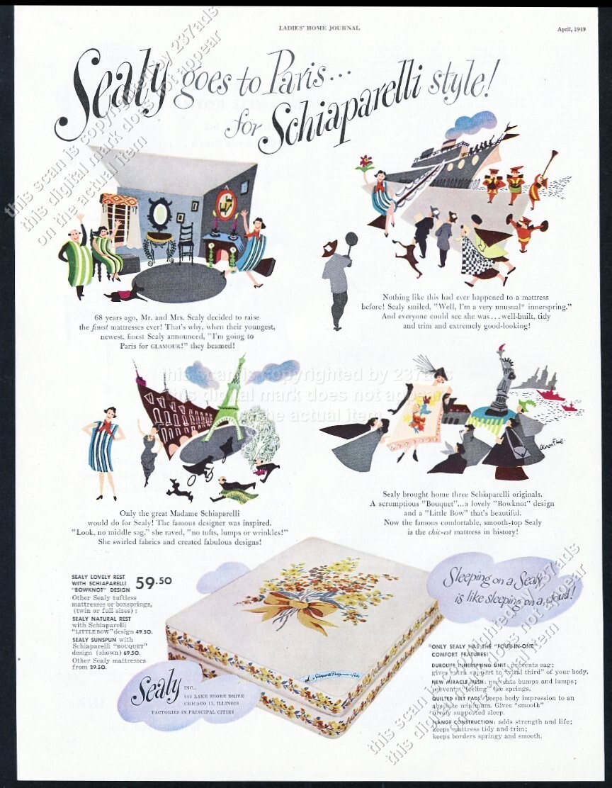 1949 Aaron Fine Paris art Schiaparelli Sealy mattress vintage print ad