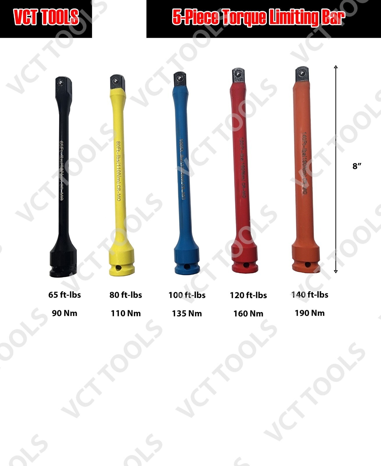 1/2" DR TORQUE EXTENSION BAR STICK SET COLOR & LETTER CODED WITH CASE