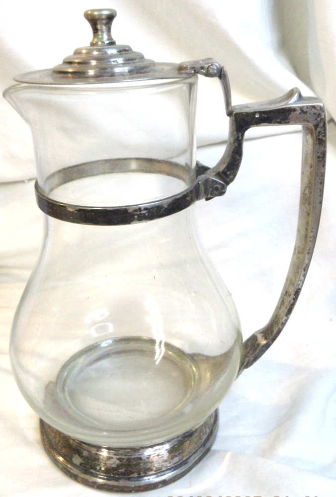 ANTIQUE~HEAVY GLASS AND SILVER WITH HINGED LID WATER PITCHER~10 1/4"
