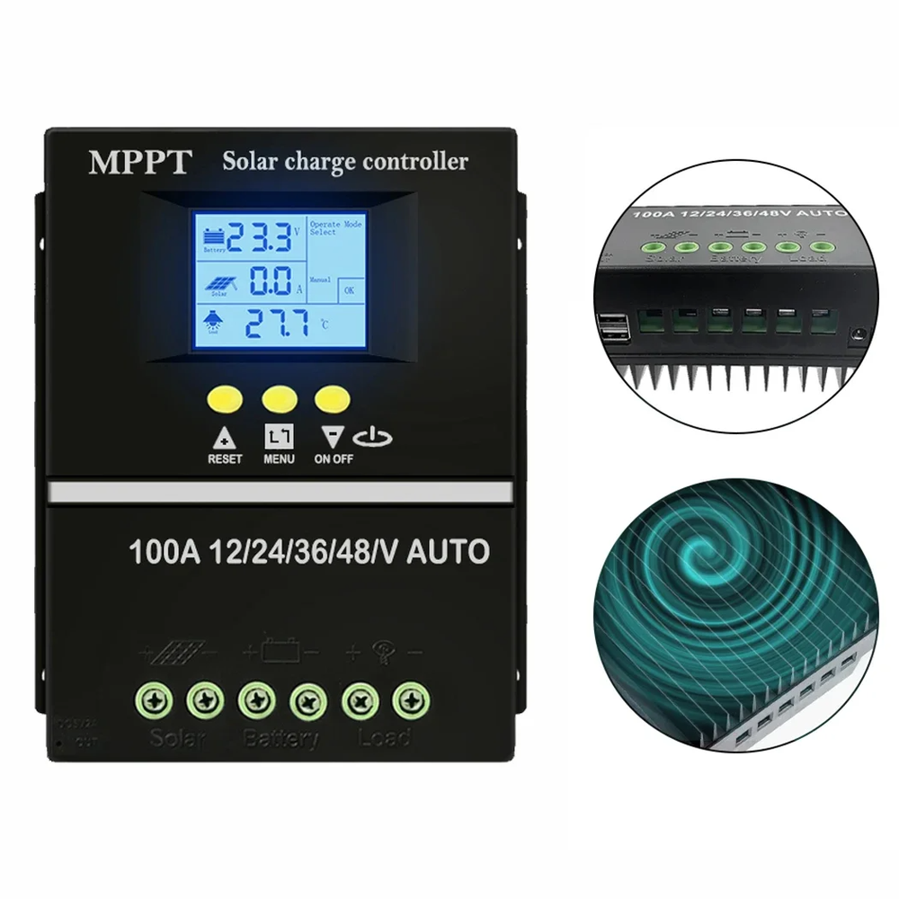 100A MPPT 12V/24V/36V/48V Solar Panel Charge Controller Regulator DC Dual-USB