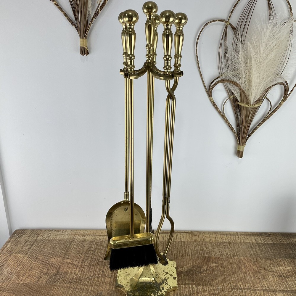 Vintage Solid Brass MCM Fireplace 5 Piece Tool Set Hollywood Regency