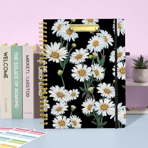 Clipboard Folio with Refillable Notepad, Folder with 10 Storage Daisy - Black